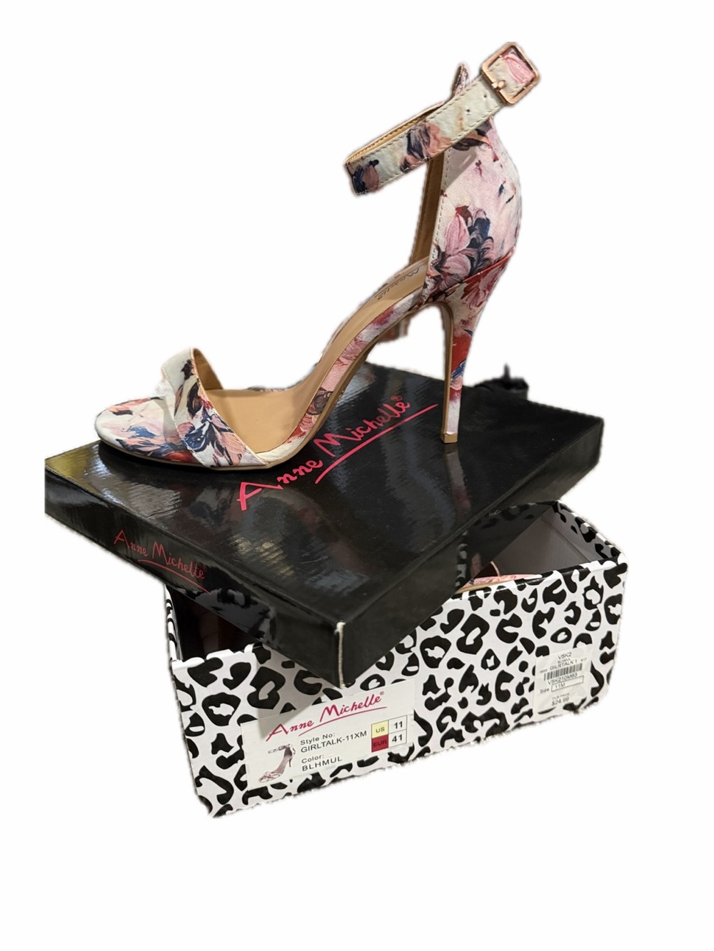 Anne Michelle Pink Floral High Heel Ankle-Strap Sandal
